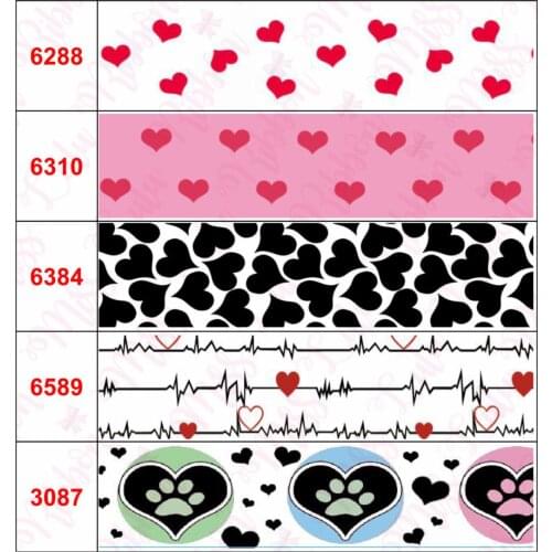 16mm-75mm Colorful Heart Series Dog Paw Jeans Printed Grosgrain/Foe Ribbon DIY Valentines Day Hair Band Making 50yards/roll