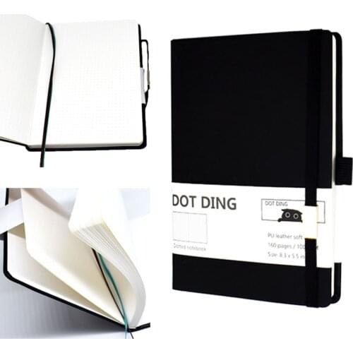 A5 Pu Leather Cover Journal Notebook Black School Supplier Students Notebook Inner Dotted 160 Pages Paper With Elastic Band