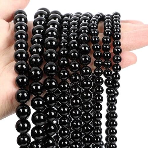Natural Stone Beads Smooth Black Agates Bright Onyx Round Loose Spacer Bead For Jewelry Making DIY Bracelet Strand 4/6/8/10/12MM
