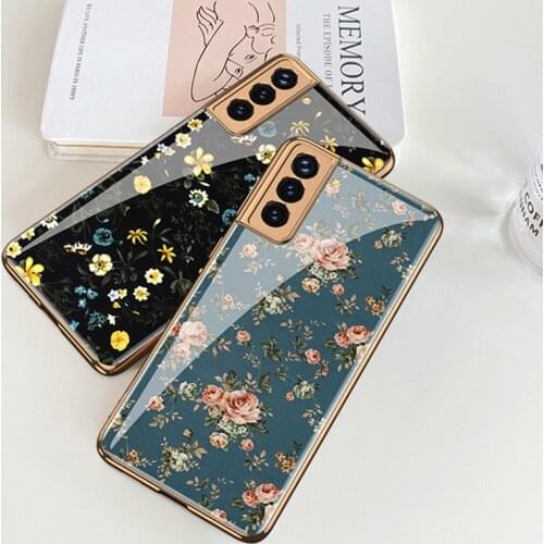 Retro Floral Case For Samsung Galaxy S21 Plus S21 Ultra Glass Cover Plating Soft TPU Frame Hard Glass Back Cover For S21