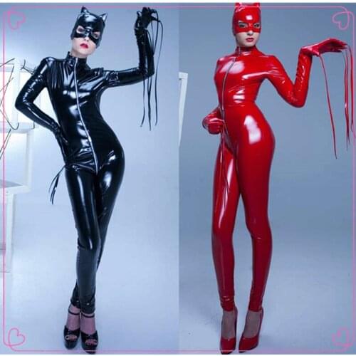 Black Tigh PVC Leather Catsuit Exotic Sexy Zipper Open Crotch Stretchable Bondage Jumpsuit Catsuit Clubwear Cosplay Costume