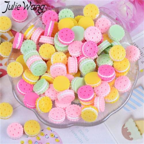 Julie Wang 30PCS Resin Biscuit Charms Mixed Colors Cream Sandwich Cookies Artificial Food Pendant Jewelry Making Accessory