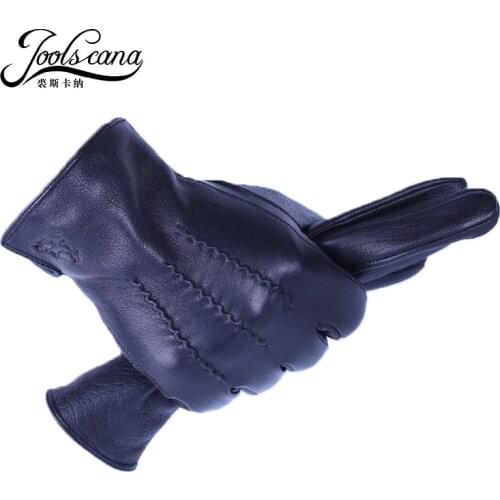 Joolscana leather gloves men winter motorcycle full finger gloves good quality goatskin warm lining soft new brand mitten 2018