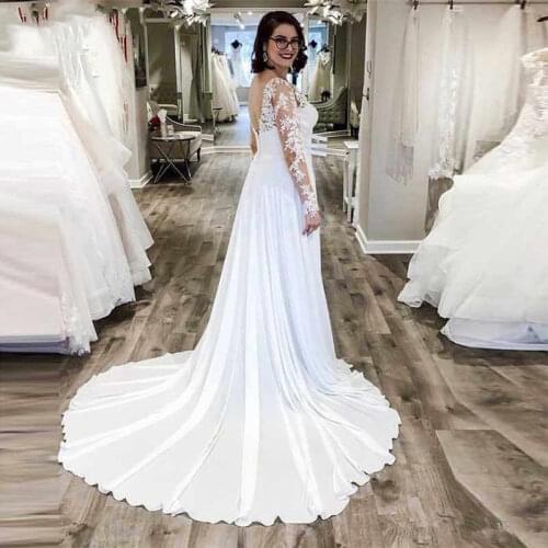 Illusion Appliques Lace Long Sleeve V-Neck Chiffon Backless 2020 Dubai Saudi Muslim Arabic Beach Wedding Dress Vestido De Noiva