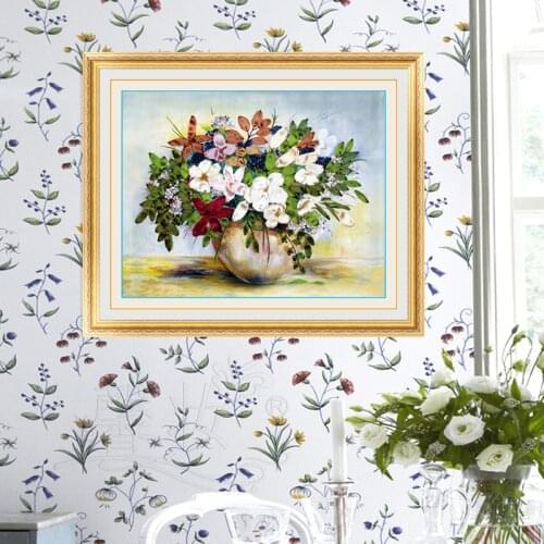 POVUOP Ribbon embroidery for the living room canvas size 55X45cm Small garden spring breeze Ribbon embroidery