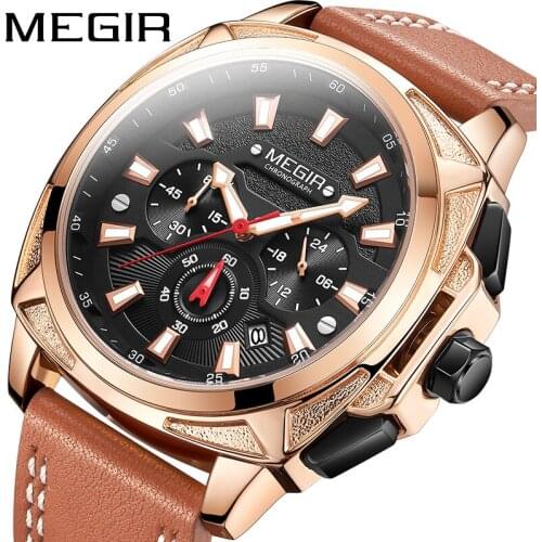 MEGIR 2021 New Fashion Leather Calendar Luminous Mens Sport Watch Waterproof Chronograph Watches Quartz Relogio Masculino 2128G