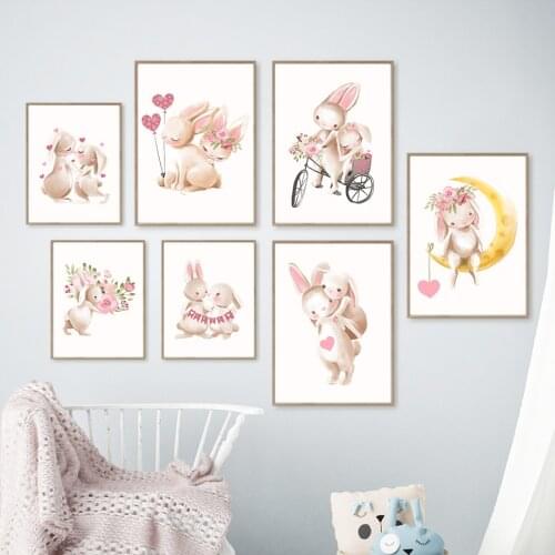 Pink Cartoon Rabbit Moon Wreath Love Baby Girl Wall Art Canvas Painting Nordic Posters And Prints Wall Pictures Kids Room Decor