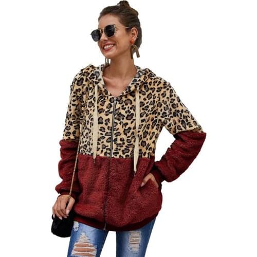 Autumn Fleece Jackets Leopard Print Stitching Color Matching Ladies Short Coat New Casual All-match Zipper Hooded Plush Jacket
