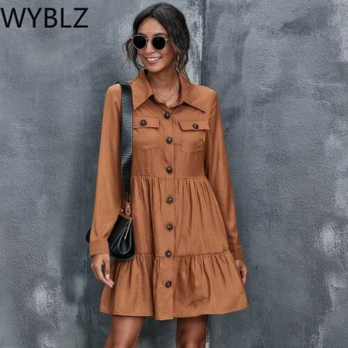 WYBLZ Office Lady Women Dress Cotton Spring Autumn Shirt Dress Long Sleeve Single-breasted A-Line Dresses Elegant Mujer Vestidos