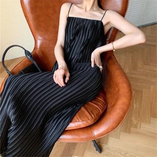 Summer Women Sexy Spaghetti Strap Long Dresses Fashion Casual Satin Pleated Straight Dress Female Plus Size Elegant Chic Party