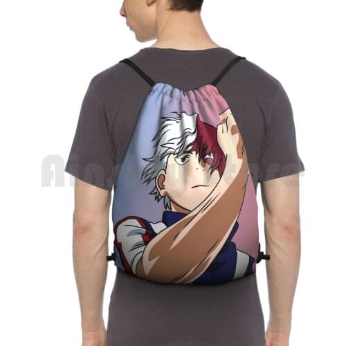 Todoroki Backpack Drawstring Bags Gym Bag Waterproof Anime Manga Shoto Ice Fire Powers Hero My Hero