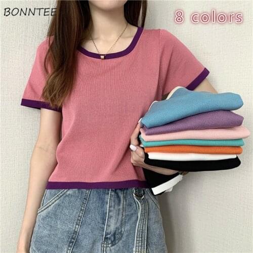 Slim T-shirt Women Solid Cropped 8 Colors Knitted Ladies Summer New All-match Tops Harajuku Trendy Simple Korean Style Soft Ins