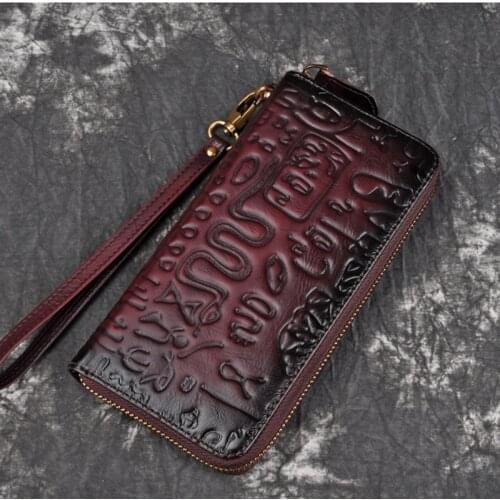 Genuine Leather Wrist Long Purse Multi-Capacity ID/Credit Cards Holder Vintage High Quality Embossed Women Clutch Handy Wallet