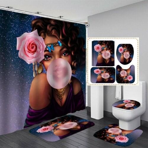 Bathroom Shower Curtain Africa Girls Waterproof Shower Curtain 3D Printed Polyester Non-Slip Rug Toilet Cover Bath Mat Set Rugs