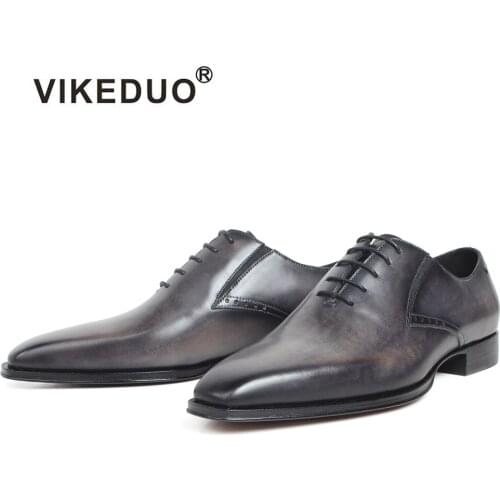 VIKEDUO Square Toe Men Shoes Plain Gray Patina Oxford Dress Shoes Custom Made Genuine Cow Leather Mans Footwear Wedding Shoes