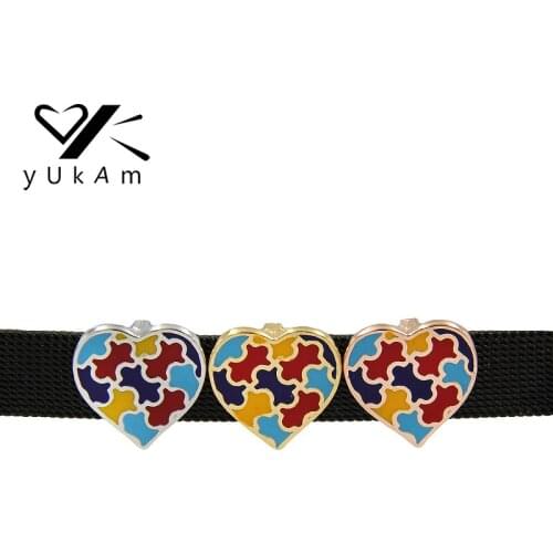 YUKAM Colorful Love Hearts Enamel Jigsaw Puzzle Autism Awareness Slide Charms Keeper for Stainless Steel Bracelet Jewelry Making