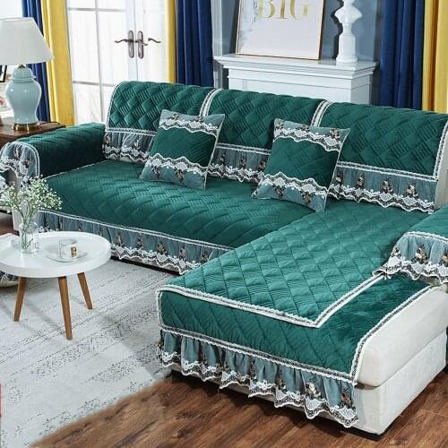 Green Luxury Thick Plush Sofa Cover Pillowcase Non-slip Cushion Soft Warm Sofa Towel Slipcover Lace Sofa Set For Living Room A1