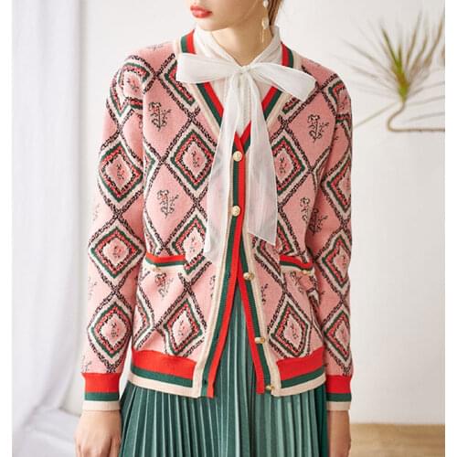 2020 Spring Women Cardigans Retro Rhombus Jacquard Knit Sweater Coat V-Neck Autumn Winter Women Cardigan Knitted Womens Coats