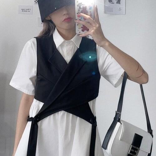 2020 New Spring autumn Lapel Sleeveless Black Button Cross Bandage Ribbon Stitch Vest Women Fashion Tide All-match