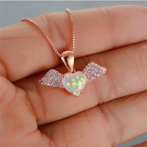 Cute Female Small Angel Heart Pendants Necklaces Rose Gold Color Wedding Necklaces For Women Vintage Blue White Opal Necklace