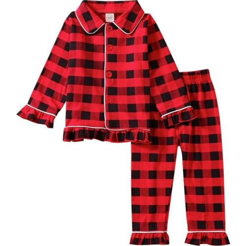 2021 Childrens Home Wear Clothing Red Black Plaid Long Sleeve Ruffled Hem Shirt Top Pants 2pcs Xmas Christmas Pajama Sets