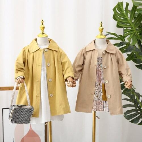 2021 New Spring Girls British Style Coat Dress Medium Length Solid Color Windbreaker Children Single Breasted Cardigan Dresses