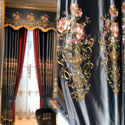 European Embroidered Curtain for Living Room Bedroom Blue Beige Color Finish Shade Curtain Finished Custom