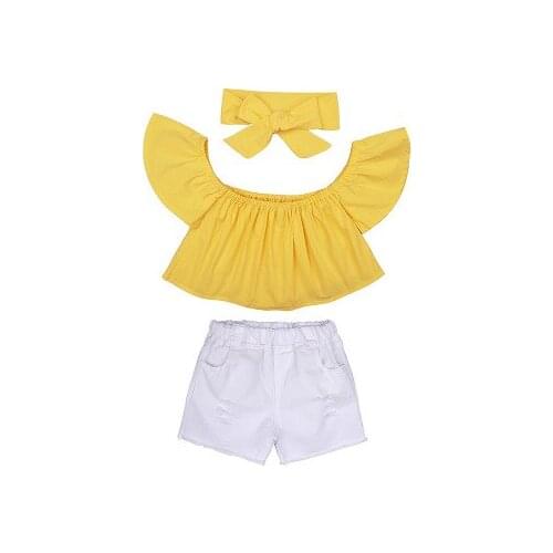 FOCUSNORM 0-7Y Fashion Summer Kids Girls Clothes Sets Solid Off Shoulder T Shirts Tops Denim Shorts Headband