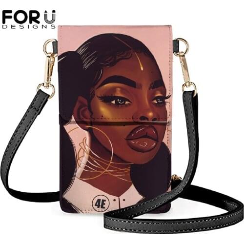 FORUDESIGNS Mini Womens Mobile Cover Lovely Afro Girls Black Printed Brand Design Pu Leather Phone Bag Water Proof Pouch Female