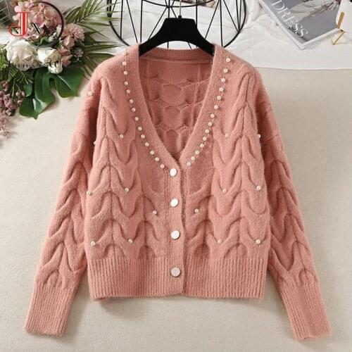 Cardigans Women Knitted Sweater Autumn Winter Long Sleeve V neck Jumper Fashion Sweet Beaded Cardigans Casual Streetwear Sweater
