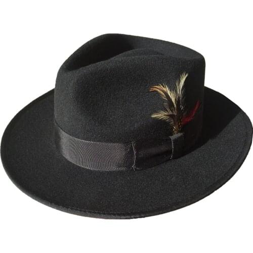 Classic Black Wool Felt Mens Felt Gangster Fedora Hat