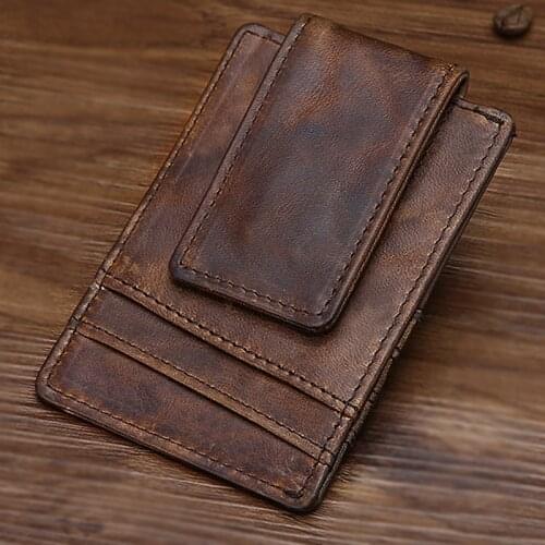 Classical Retro Money Clips Quality Deep Light Brown Oil Bright Genuine Leather Clamp For Money With ID Cards Bits Free Shipping