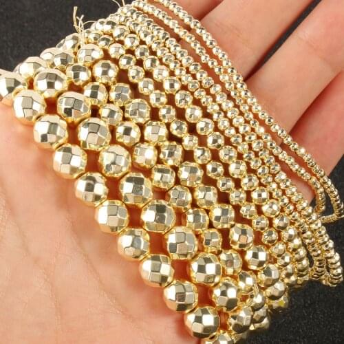 Natural Faceted Hematite Beads 9K Gold Plated Stone Round Loose Spacer Beads for Jewelry Making DIY Bracelet 15'' Strand
