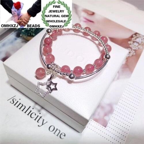 OMHXZJ Wholesale ZB388 8mm Fashion Birthday Wedding Gift Natural Stone Fine Strawberry Quartz Beads 925 Sterling Silver Bracelet