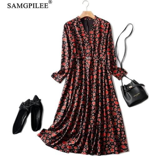Long Dresses For Women 2021 Office Lady A-line Print Full Sleeve Sashes Korean Fashion Clothing Empire V-neck Winter Dress Woman