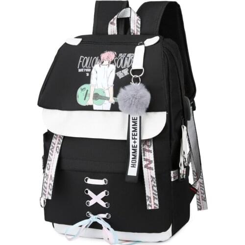 Teenage Girl Backpack for School Large Black USB Back Pack Youth Cute Girl Music Printing Nylon Big Student Bagpack Ribbon New