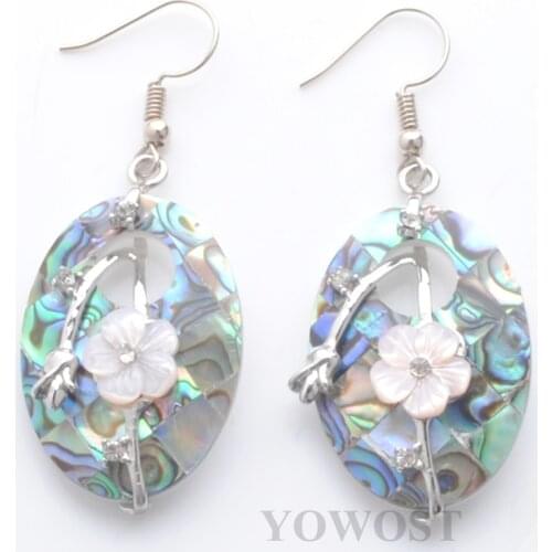 2 Pairs Dangle Hook Earrings for Women Girl Christmas Gifts Oval Hollow Natural Abalone Shell Bead Pendant Flower QR3515
