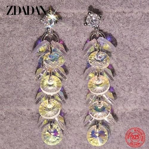 ZDADAN 925 Sterling Silver Long Crystal Dangle Earrings For Women Fashion Wedding Party Jewelry Gift