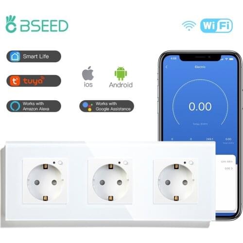 BSEED EU Standard Smart Wifi Triple Socket Work with Tuya Wall Socket White Black Glod Mirror Crystal Glass Panel For Smart Home