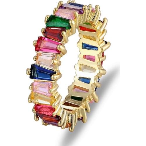 Rainbow CZ Copper Rings Baguette Wedding Band Classic Simple Round Circle Finger Rings For Women Fashion Jewelry Accessories