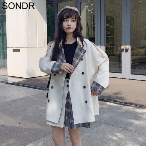 WomenS Trench Coat 2 Piece Set 2020 Autumn Cute Girl Students Loose And Casual Plaid Cardigan Jacket Spliced ​​Short Skirt Suit
