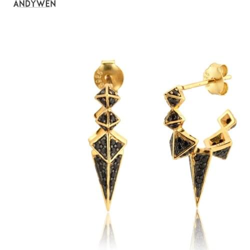 Andywen 100% 925 Sterling Silver Black Enamel Black Zircon Long Spike Hoops Piercing Ohrringe Pendant Women Luxury CZ Jewelry