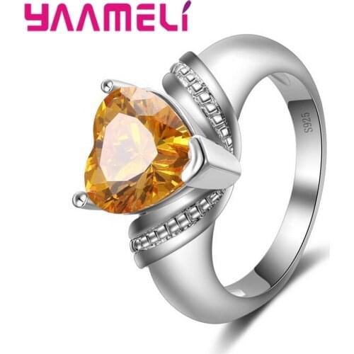 Shiny Big Yellow Heart Cubic Zircon Crystal Women Engagement Finger Ring Bands Jewelry Wholesale Price Accessories