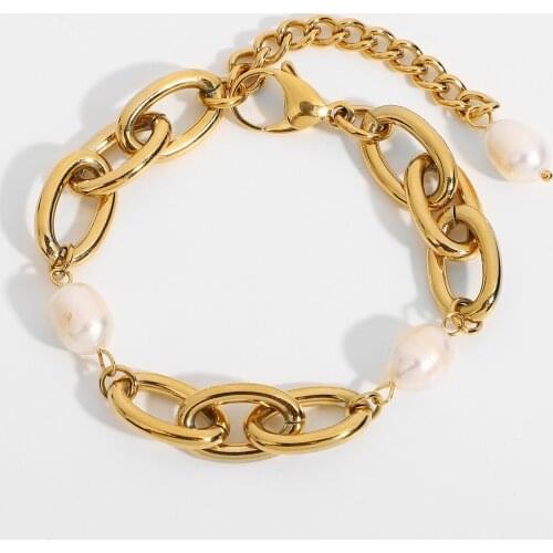 18K Gold Plated Stainless Steel Baroque Freshwater Bracelets For Women 12mm Wide Oval Chain Chunky Bracelets Party Jewelry