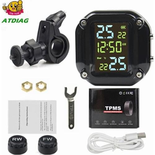 Wireless Motorcycle TPMS Tire Pressure Monitoring System 2pcs External Sensor LCD Time Display Tyre Temperature Monitor Alarm