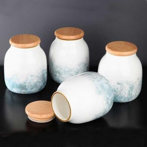 Zücev 14 cm. With Bamboo Lid 4'lü Turquoise Jar Set Marble-02