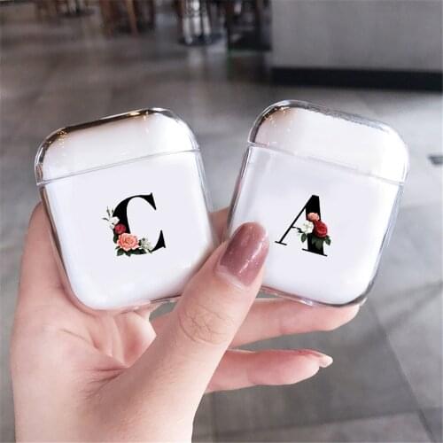 Art Floral Initial Letter Cover for Apple Airpods 2 1 Case Transparent Airpods2 Earphone Protector For Alphabet Airpods Cases