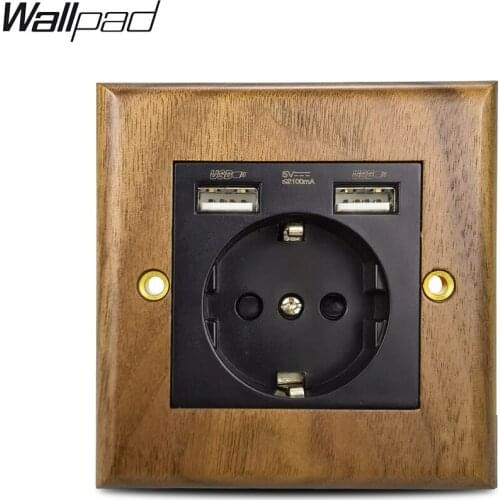 Wood EU Socket with USB Wallpad WALNUT Wood frame 16A EU RU DE NL Wall Power Outlet with 2 USB Charging Ports 110V-240V AC