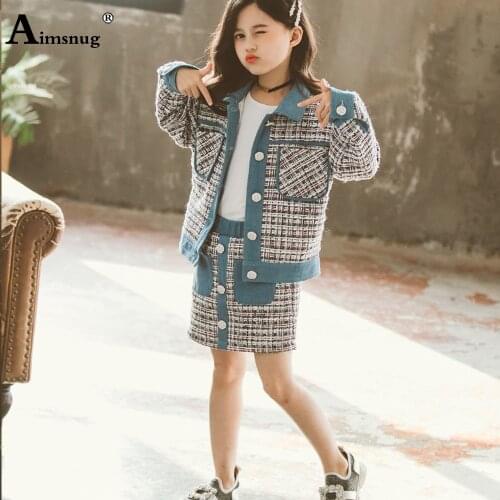 Children Two Pieces Set Baby Girls Single Breasted Tops and Skirt Teen Streetwear Kids Clothing 2021 Fashion Plaid 2PS Outfits