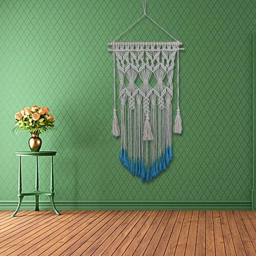 Hand Kniting Tapestry With Blue Tassel Wall Hanging Dorm Room Door Curtain Cotton And Linen Nordic New Fashion Ornaments